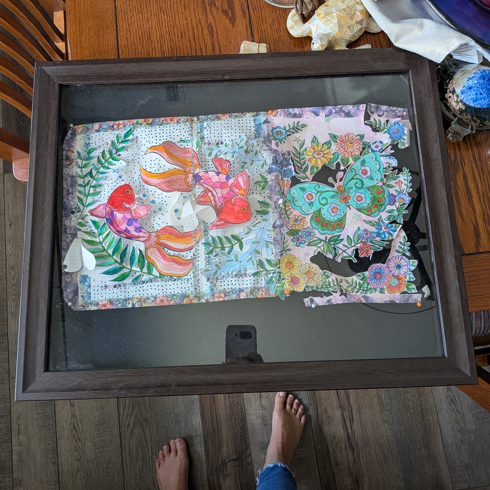 Framed Colorful Koi & Butterfly Art Print - Multicolor In Deep Large Shadow Box